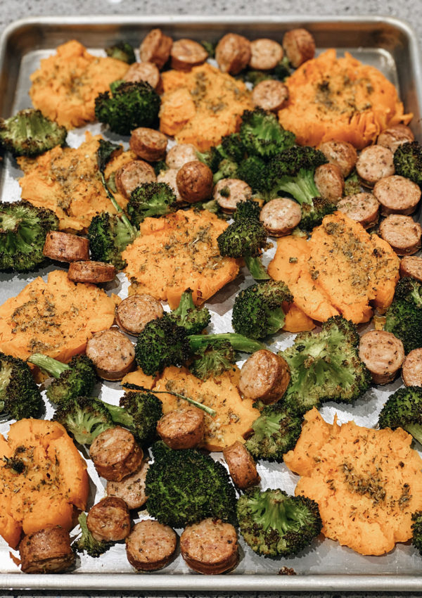healthy sheet pan dinner recipe - sausage broccoli sweet potatoes and bell peppers