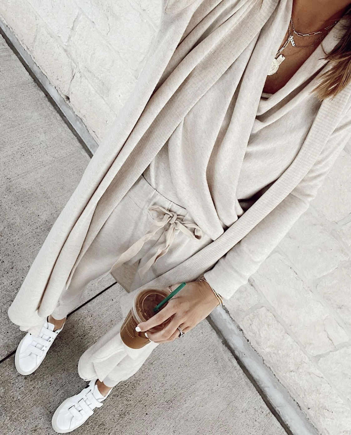 wearing loungewear in public - 1.state x Jaime Shrayber collection - beige cozy knit joggers cozy wrap front top and drape front maxi cardigan