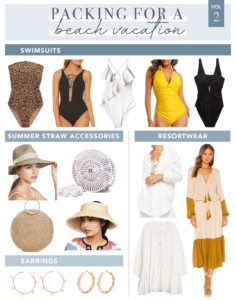 what to pack for a beach vacation part two - swimsuits straw bag straw hat summer statement earrings