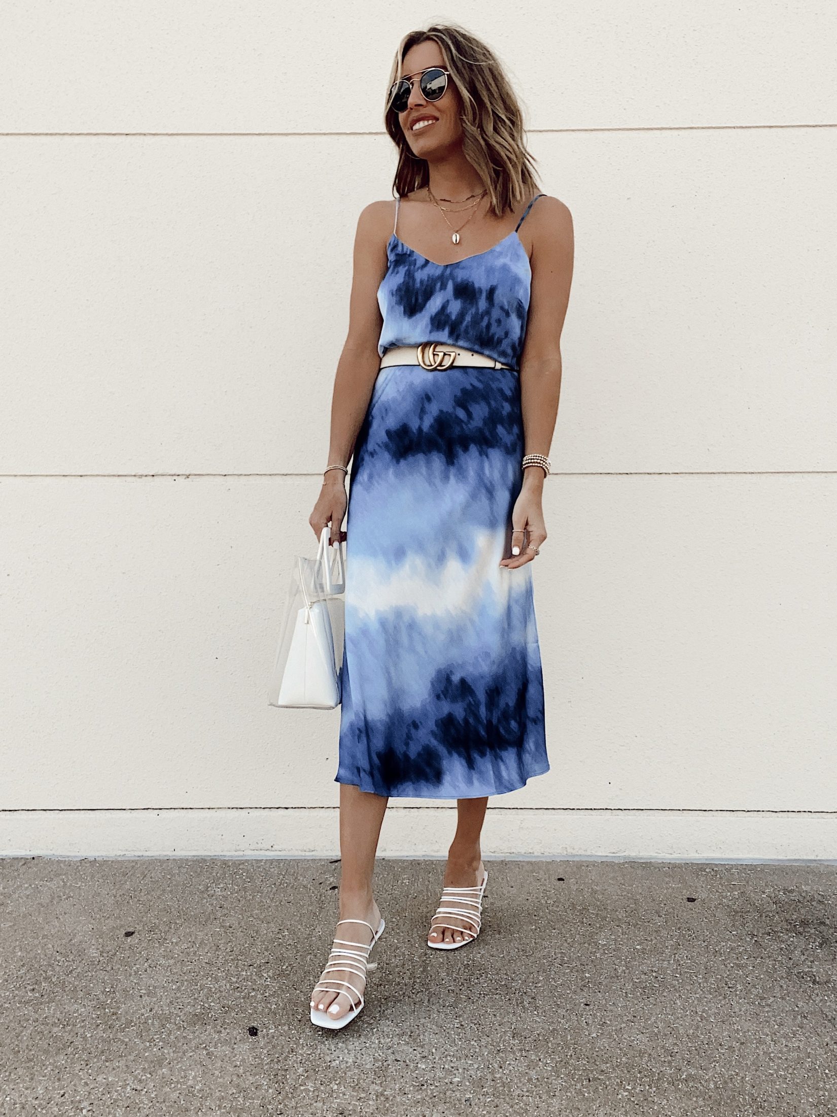 Walmart blue ombre tie dye skirt cami set with white Gucci belt and white square toe strappy sandals