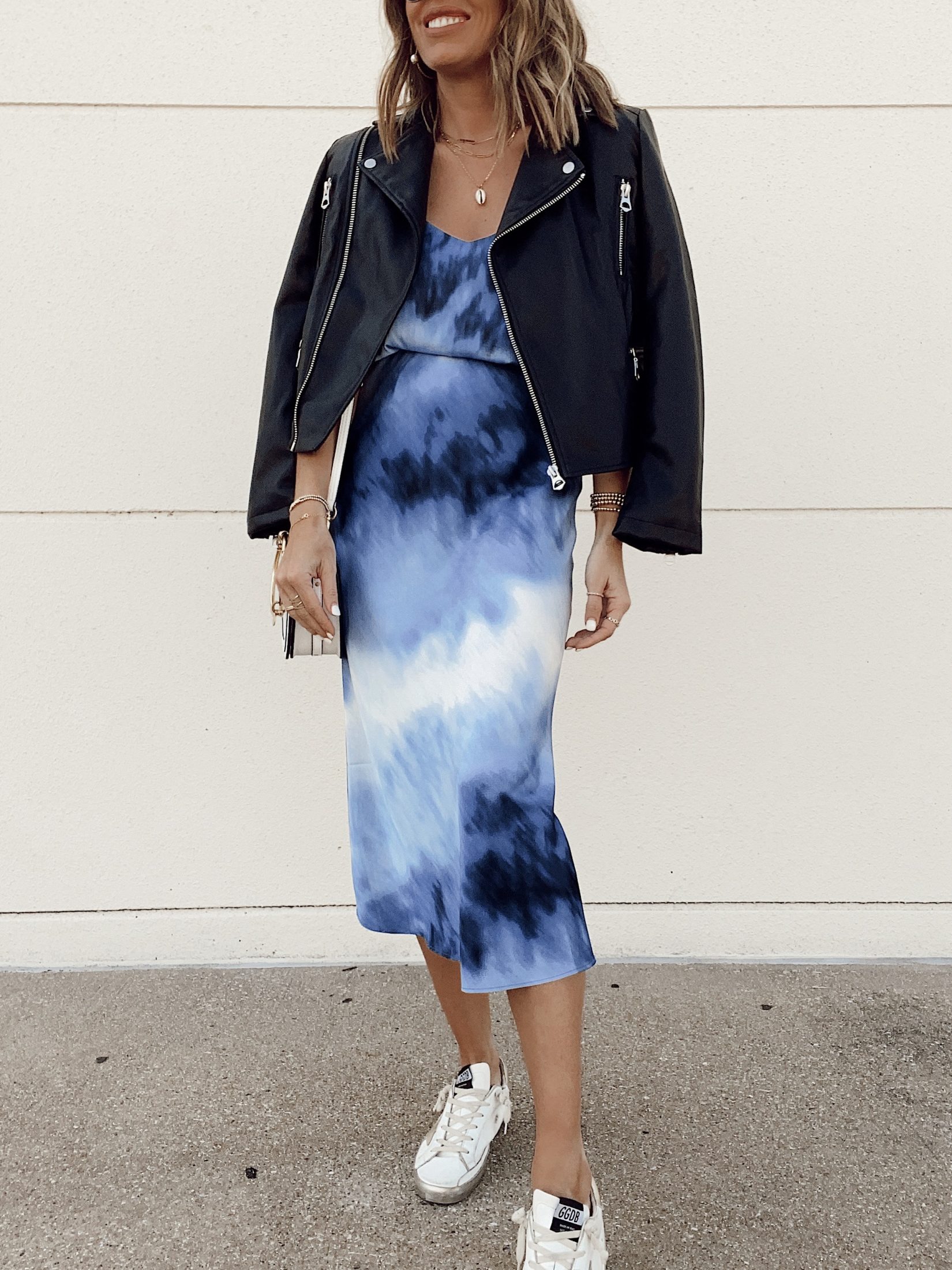 Walmart scoop blue ombre tie dye print cami top with matching slip skirt with black faux leather jacket
