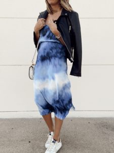 Spring transitional outfit ideas - midi skirt and black faux leather Moto jacket