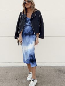 Spring transitional outfit ideas - midi skirt and black faux leather Moto jacket