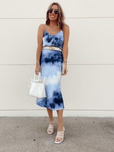 Walmart blue ombre tie dye skirt cami set with white Gucci gg buckle belt