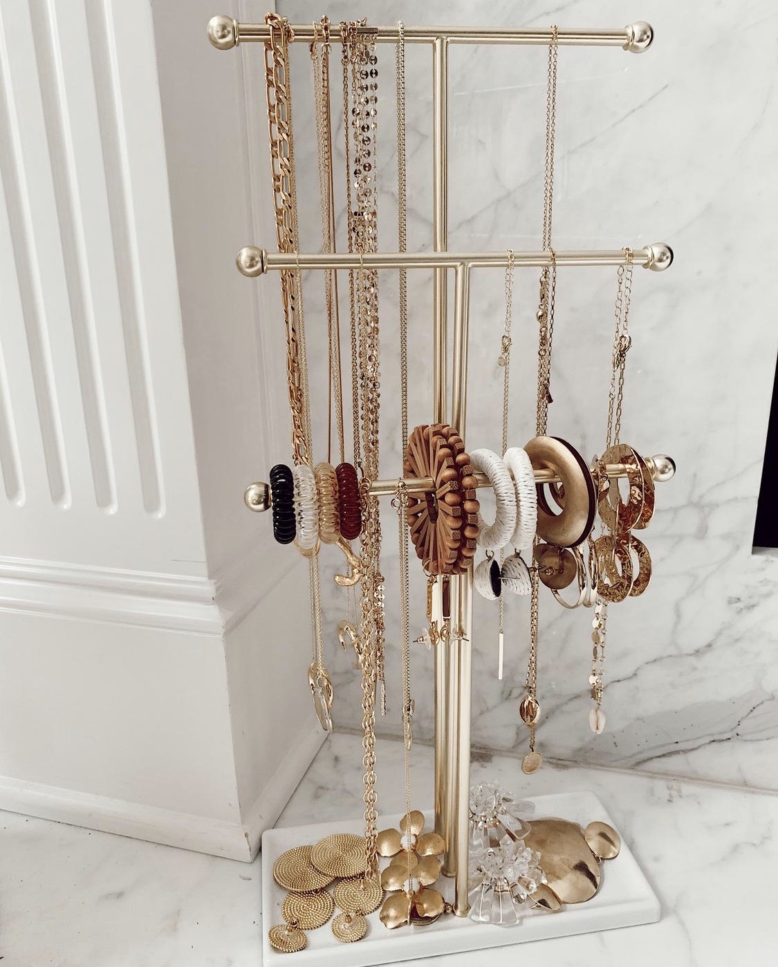 how to organize dainty necklaces with 3 tier hanging jewelry stand
