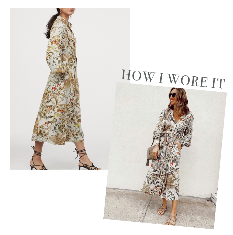 jaime shrayber wearing affordable h&m spring floral long sleeve maxi shirt dress with tie belt