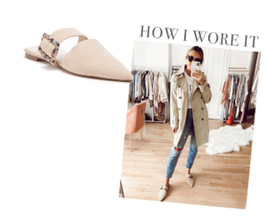 sole society suede pointed toe mules worn with banana republic water resistant classic beige trench coat for spring
