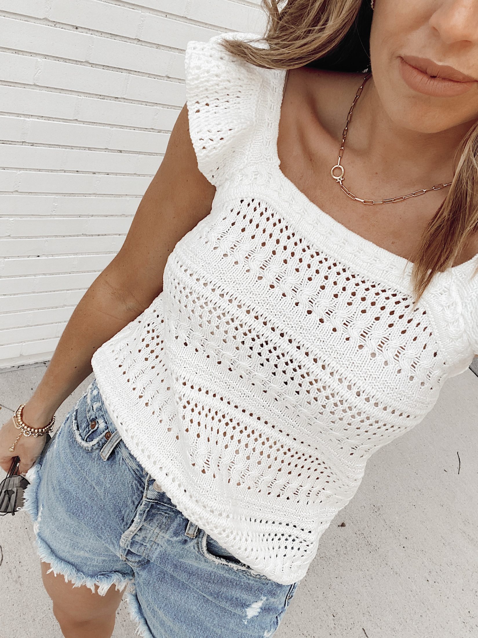 spring summer minimalist fashion outfit idea - white knit top with denim shorts