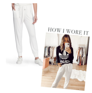 jaime shrayber wearing the cozy knit joggers in white from her 1.state collection