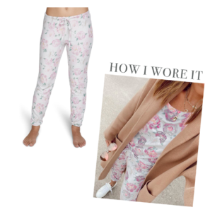 chaser floral party rose print matching jogger set worn with brown coatigan
