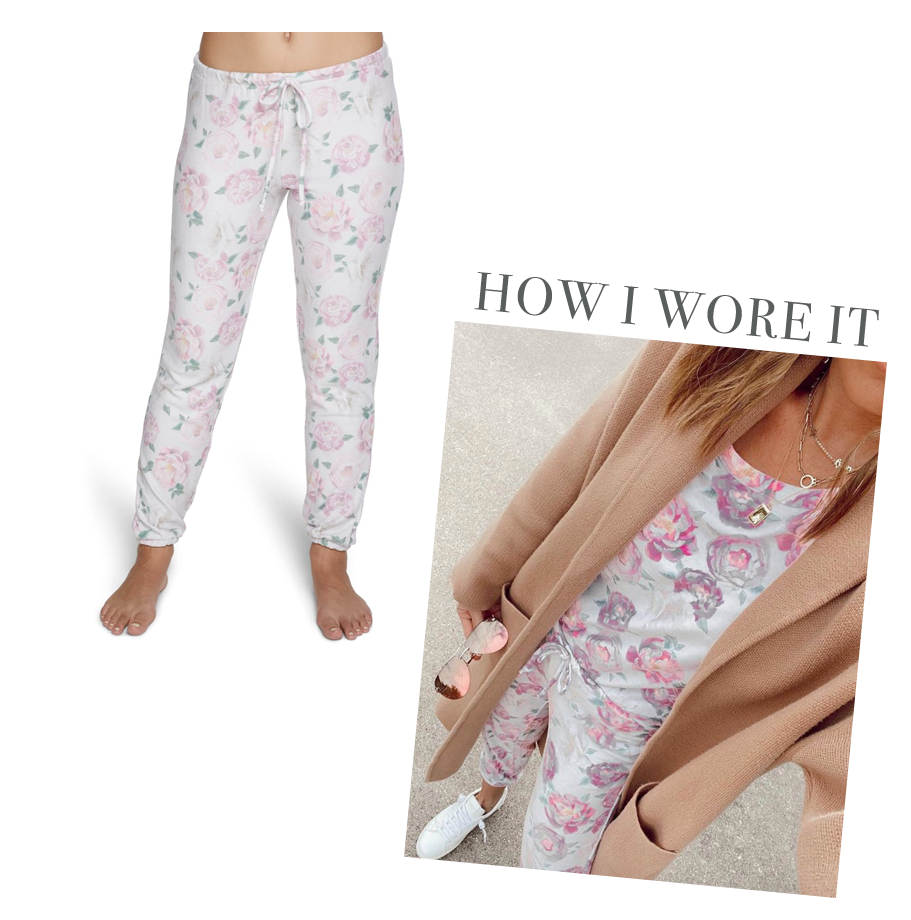 chaser floral party rose print matching jogger set worn with brown coatigan
