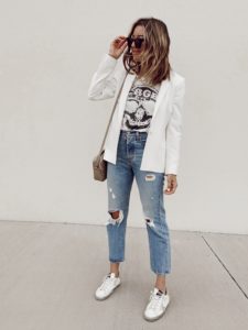 how to wear a blazer with distressed jeans