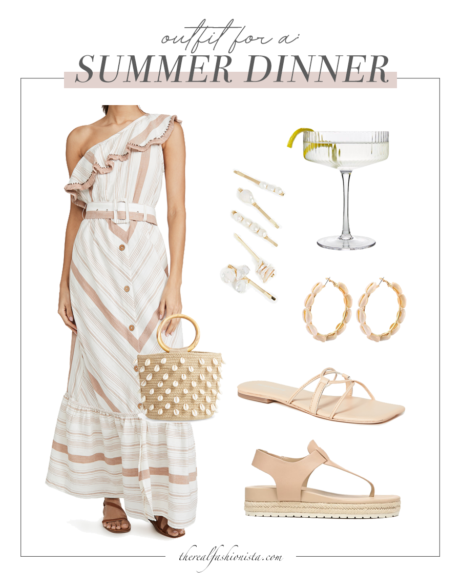 what to wear to a summer dinner - one shoulder ruffle maxi dress and straw bag