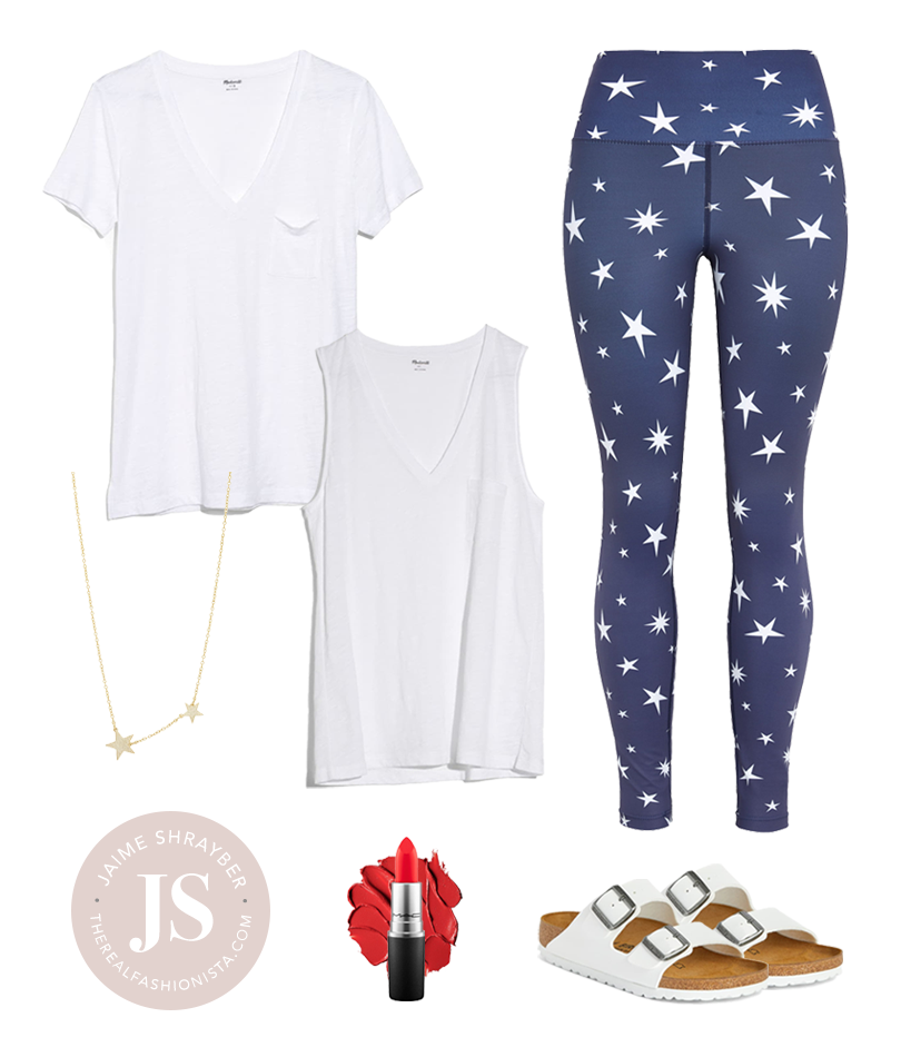 4th of july outfit idea featuring white top and blue star print leggings
