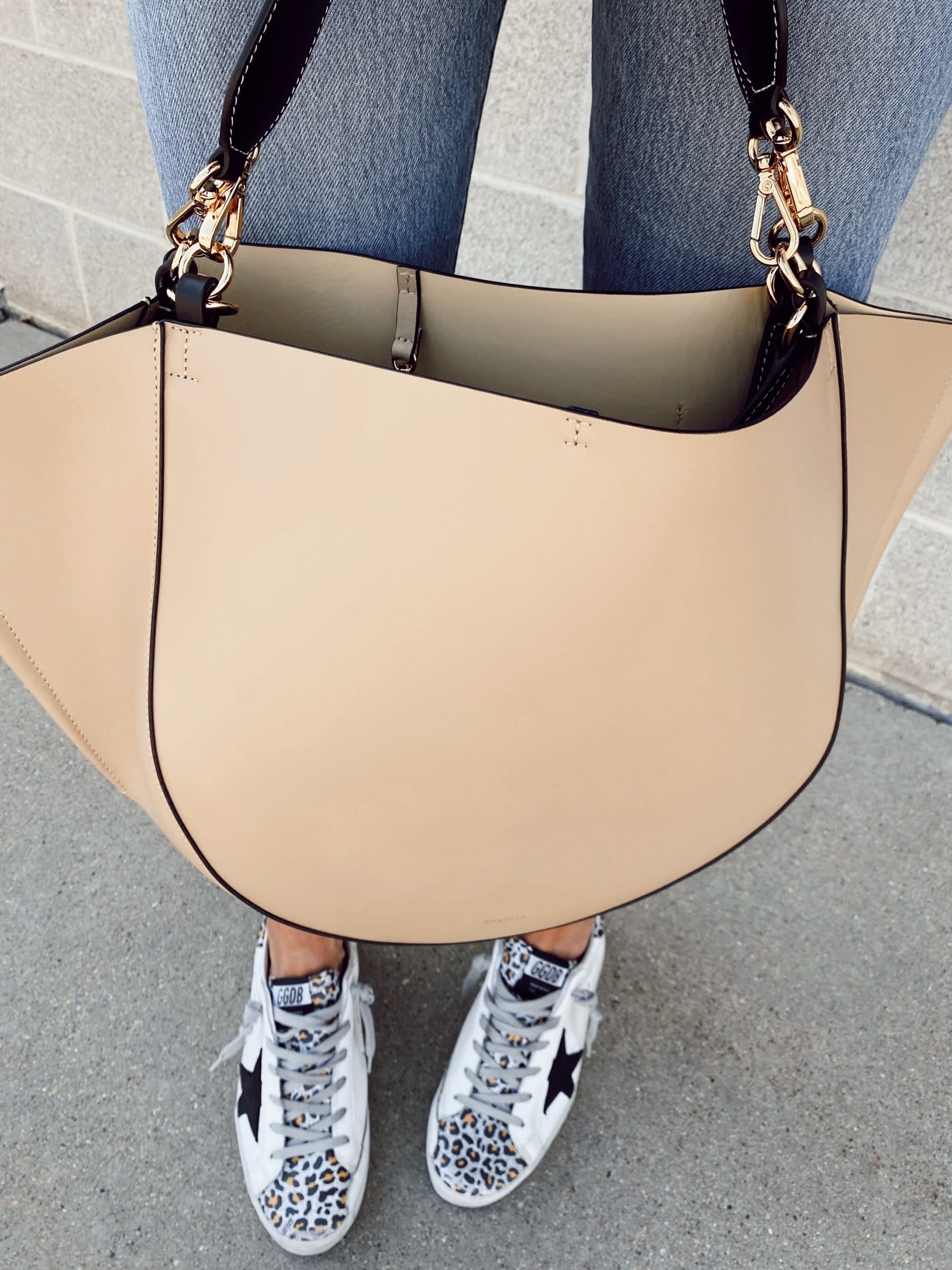 mytheresa neutral beige wandler mia calf leather tote with leopard golden goose superstar sneakers