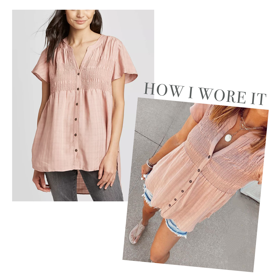 fashion blogger wearing target blush pink short sleeve summer blouse