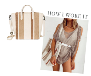 jaime shrayber wearing sheer cold shoulder tunic coverup and target woven tote bag