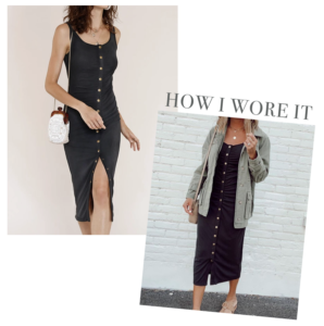 jaime shrayber wearing heartloom black asher button down ribbed dress with cargo jacket