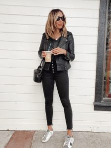 Nordstrom anniversary sale 2020 black faux leather Moto jacket outfit with black button fly skinny jeans