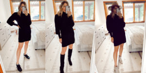 black long sleeve turtleneck dress with sneakers boots or booties