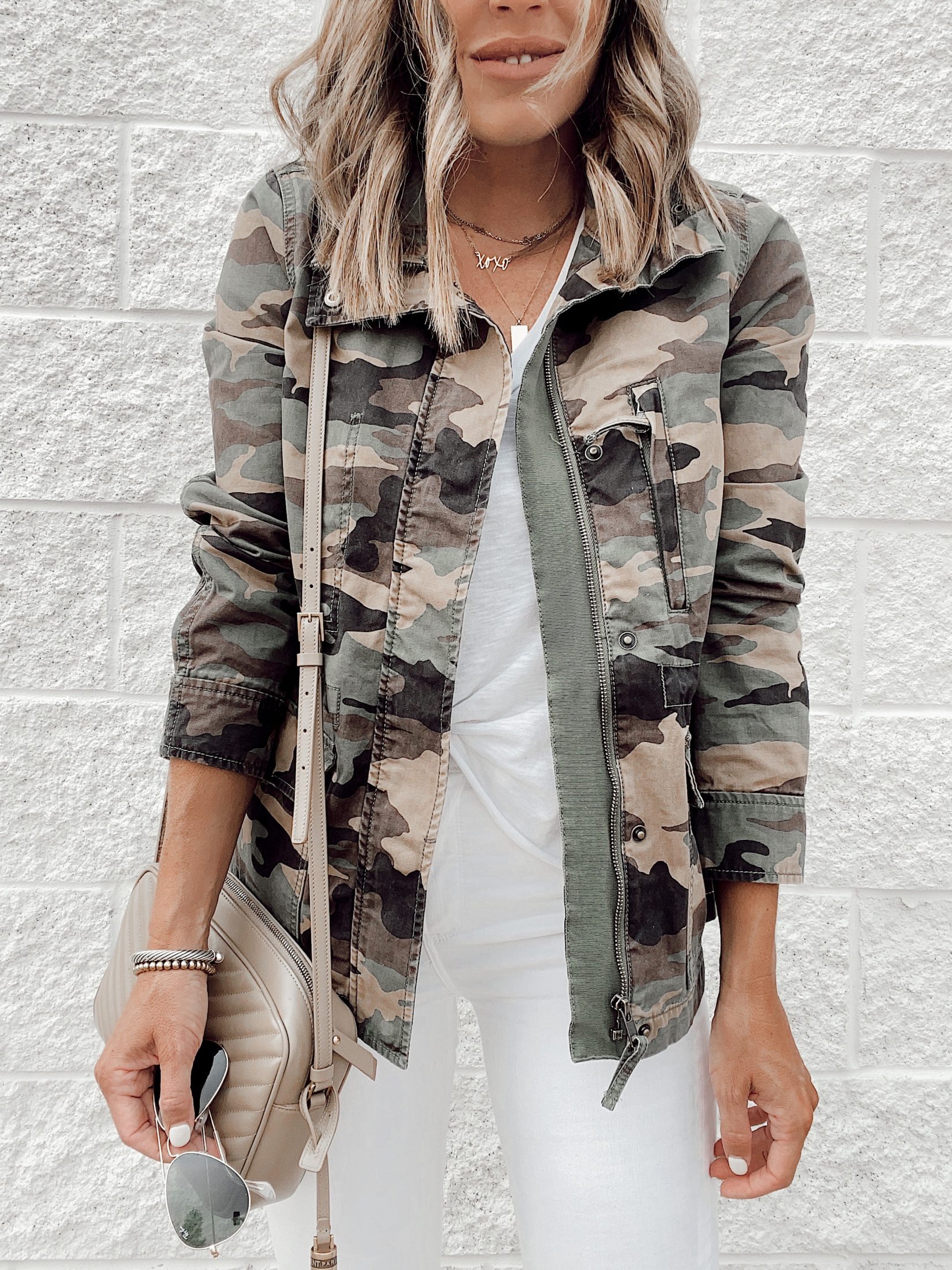 jaime shrayber wearing madewell dispatch camo jacket from nordstrom anniversary sale 2020
