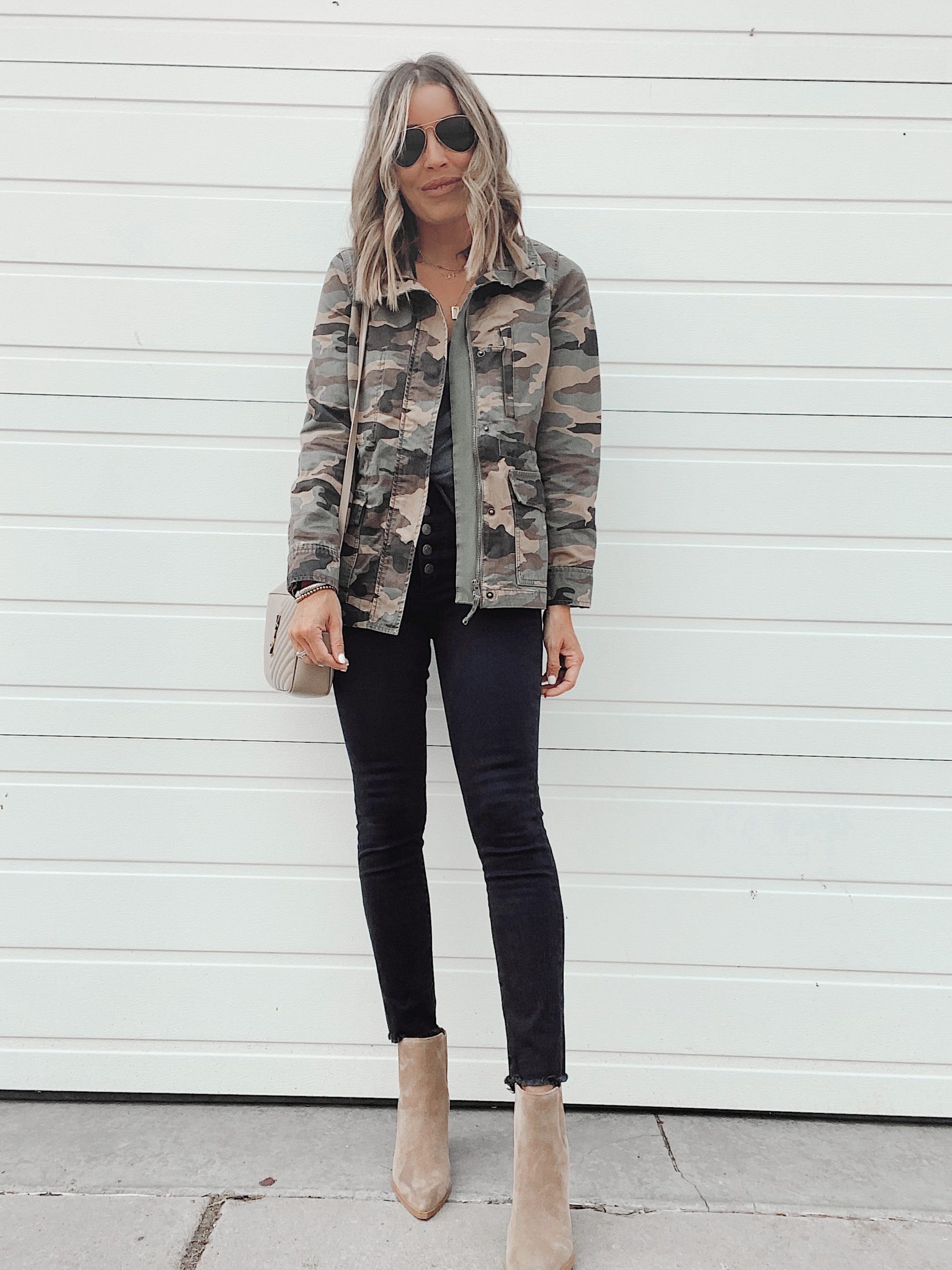jaime shrayber styling madewell camo jacket with black jeans for fall 2020
