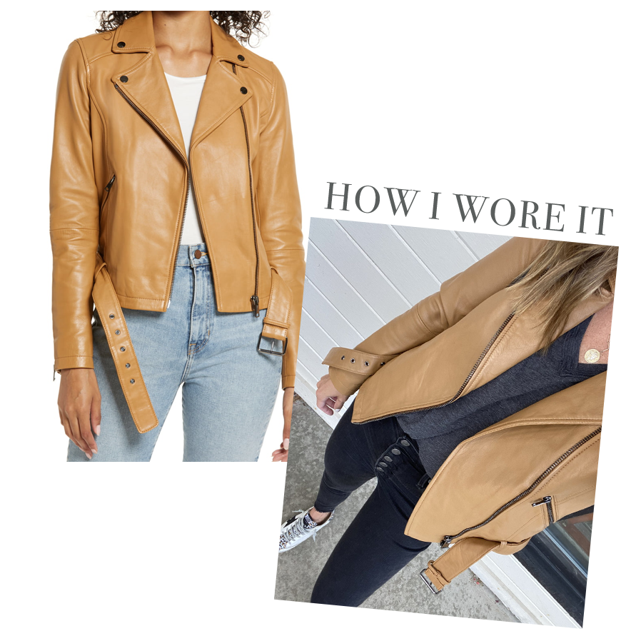jaime shrayber wearing rachel parcell tan biscuit leather moto jacket