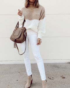 jaime shrayber wearing neutral ivory and tan soft amazon sweater
