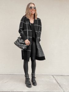 long window pane black cardigan with faux leather leggings fall outfit