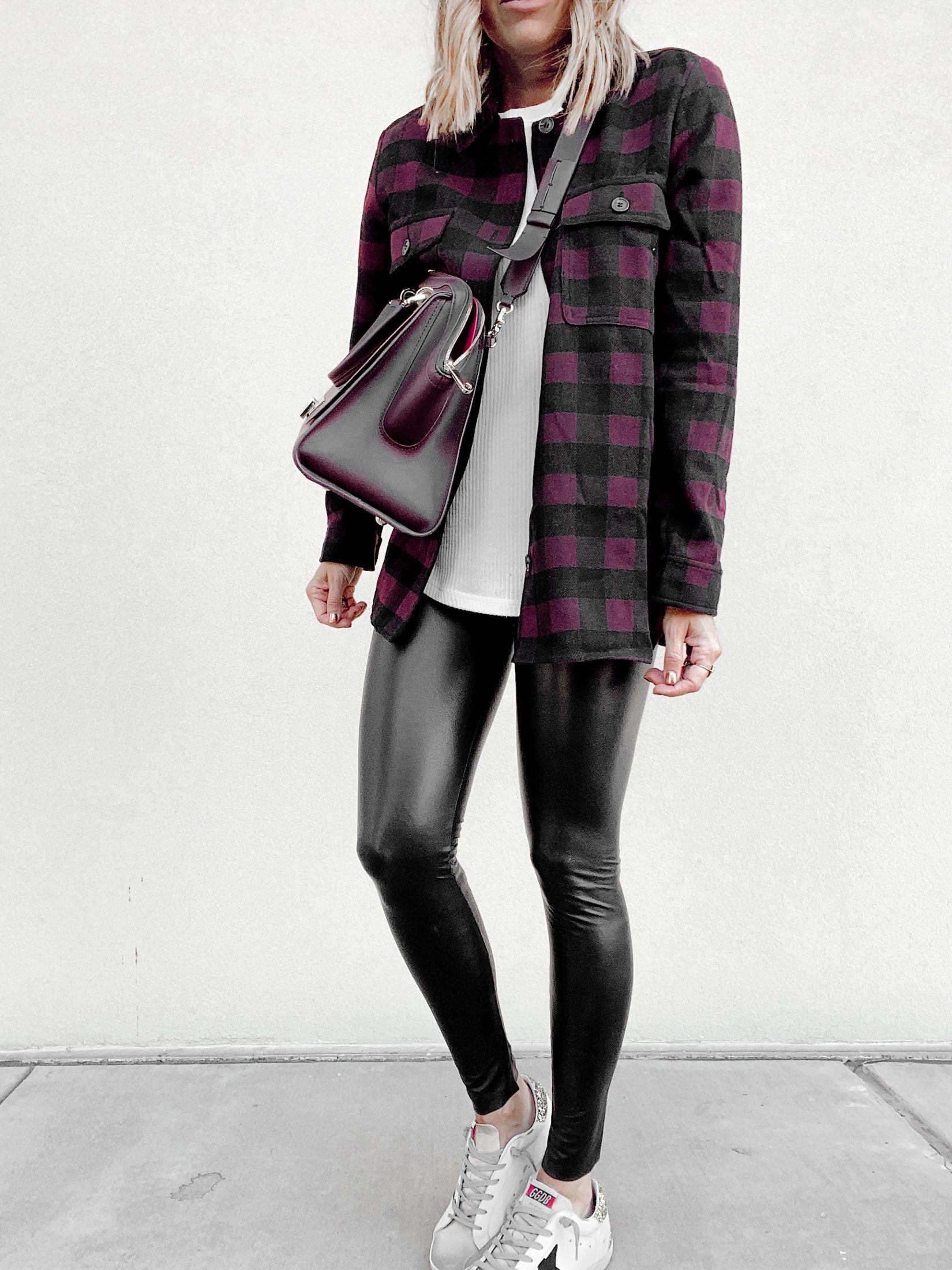 bp red plaid shirt jacket with commando faux leather leggings