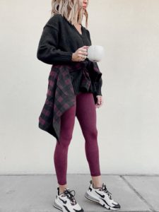 jaime shrayber wearing casual fall outfit with leggings and sneakers