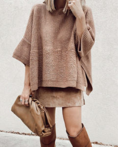 jaime shrayber wearing target poncho with suede mini skirt outfit for fall 2020