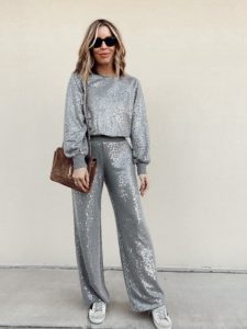 matching sequin wide leg pants set - holiday outfit idea 2020