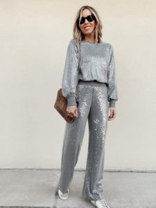 jaime shrayber wearing grey sequin wide leg pants with matching sweater