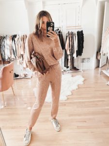 matching pink sequin joggers set for holiday 2020 outfit