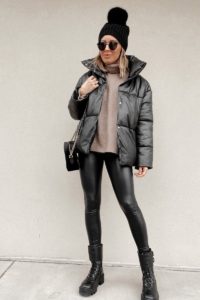 faux leather leggings with black faux leather puffer jacket and combat boots