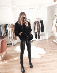 jaime shrayber wearing all black outfit with cute combat boots