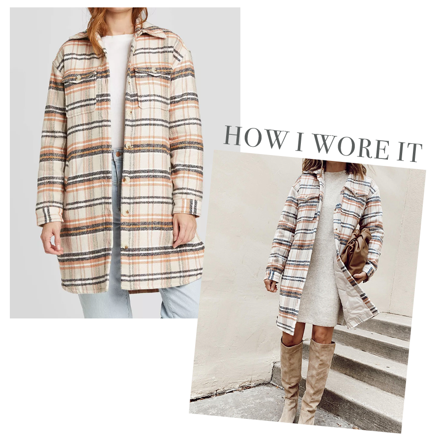 jaime shrayber wearing affordable oversized plaid shirt jacket with sweater dress for fall 2020