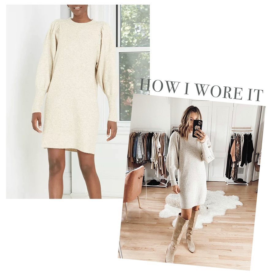 target cream puff long sleeve sweater dress with knee high boots