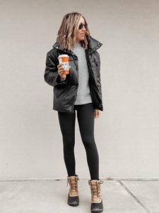 jaime shrayber wearing black faux leather oversized puffer jacket outfit