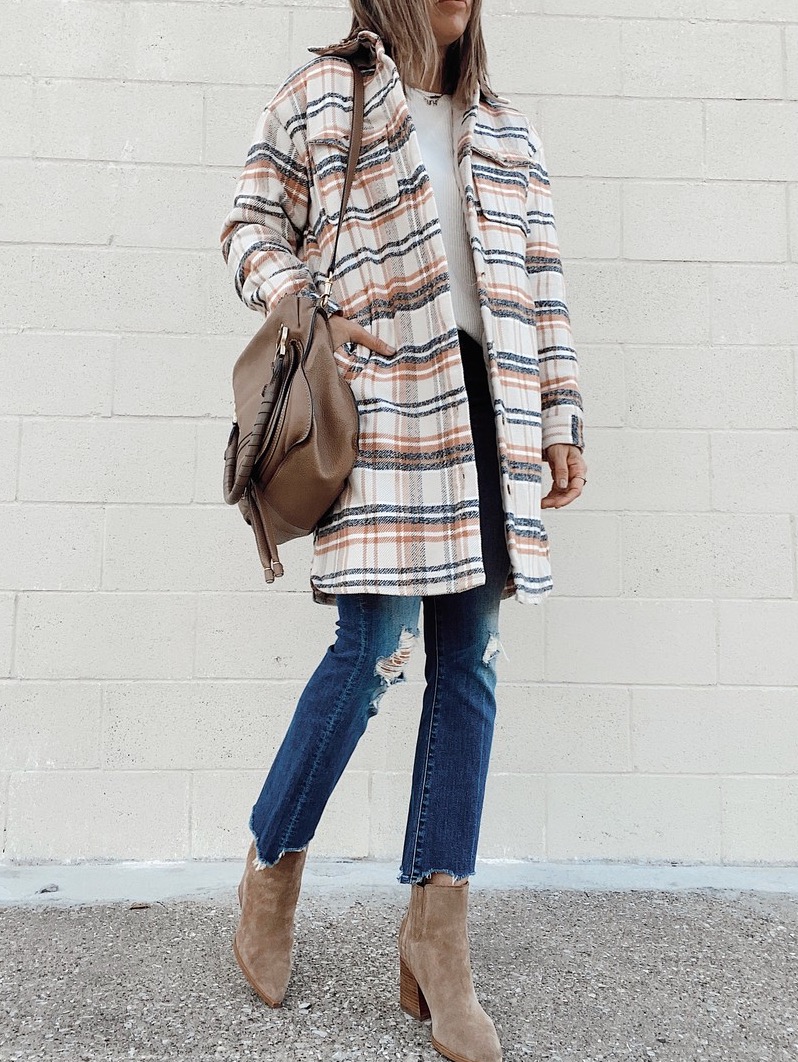 how to style oversized plaid shacket with jeans