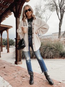 oversized sherpa shacket with jeans and combat boots outfit