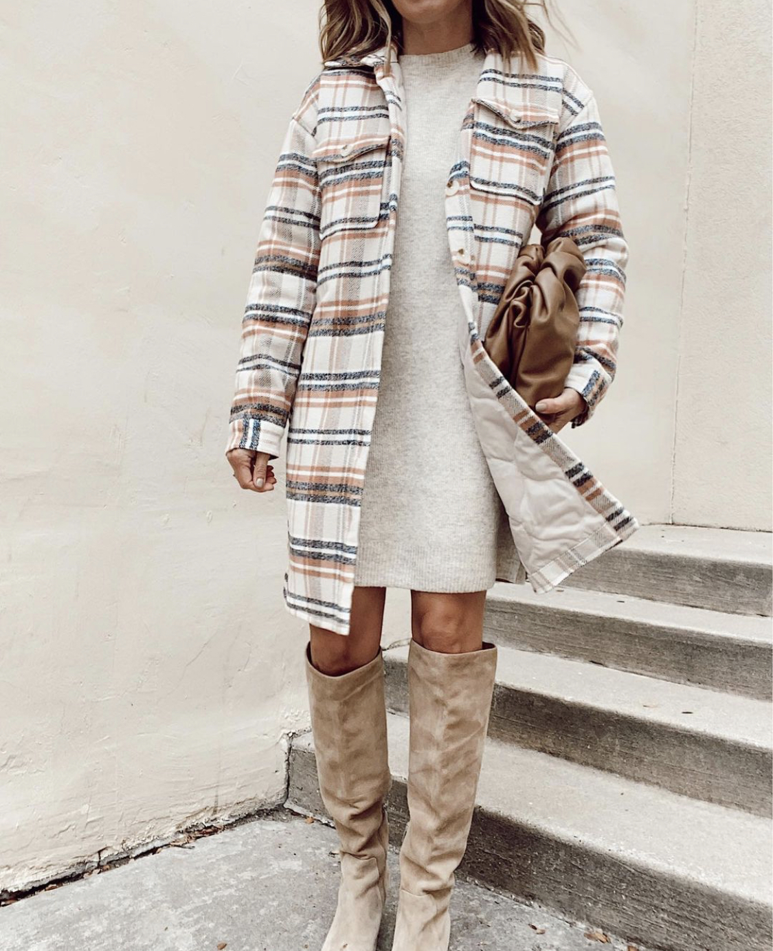 how to style plaid oversized shacket with sweater dress and knee high boots