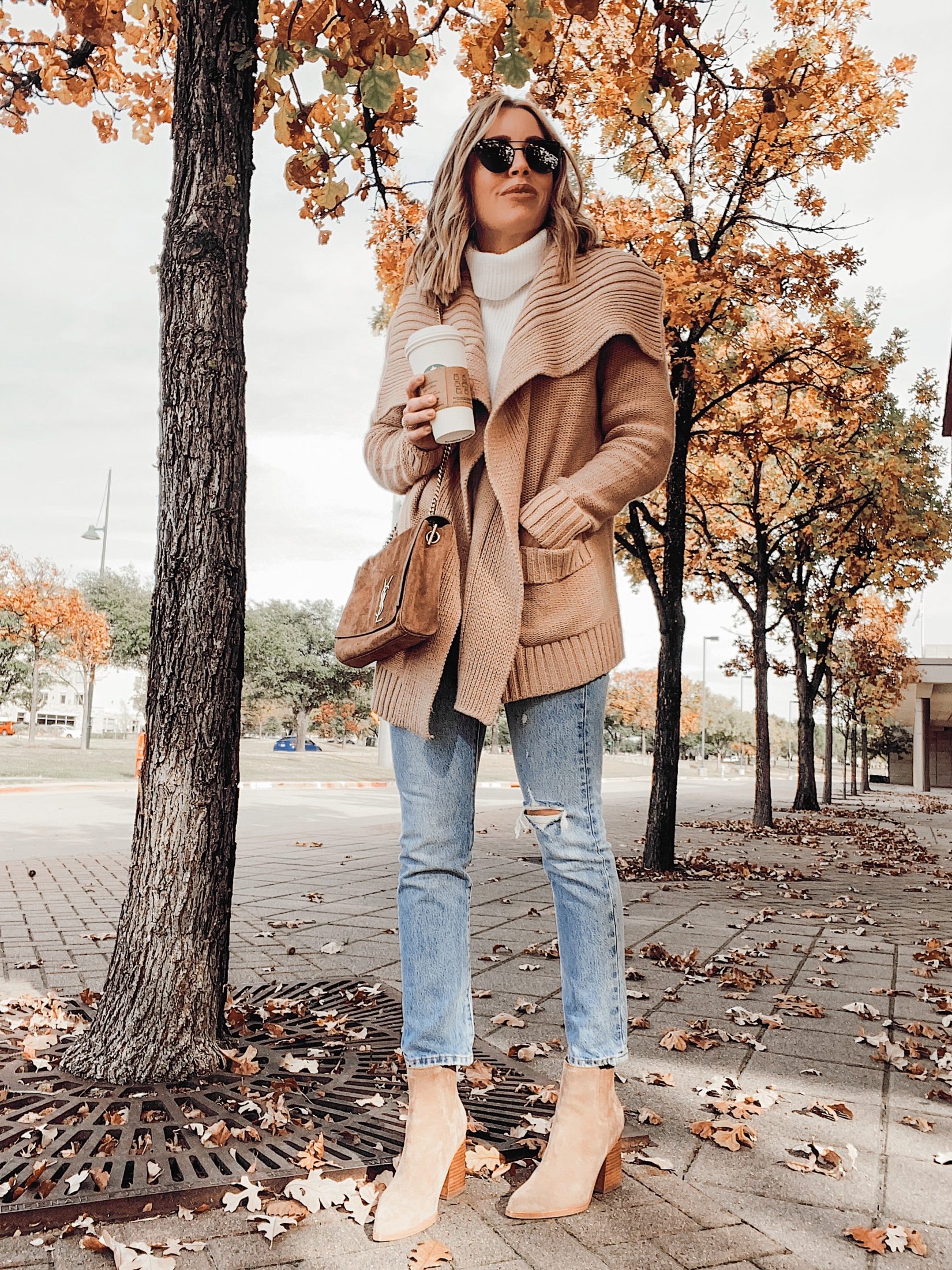 camel shawl collar cardigan with jeans and ankle booties