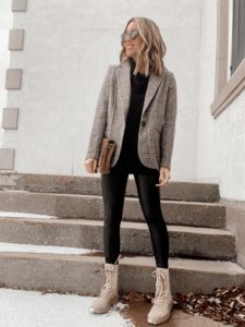 brown plaid blazer outfit with tan combat boots
