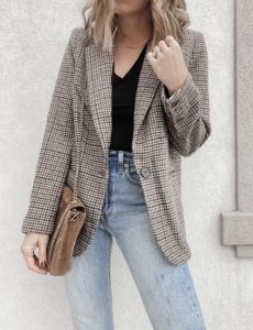 cute winter outfit with brown plaid blazer