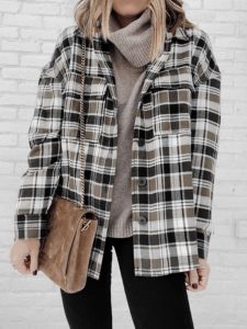 brown olive plaid shacket with turtleneck sweater