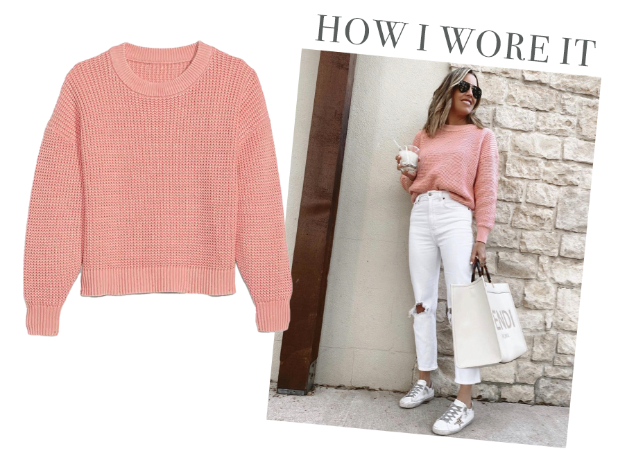 old navy coral pink knit sweater with white jeans outfit