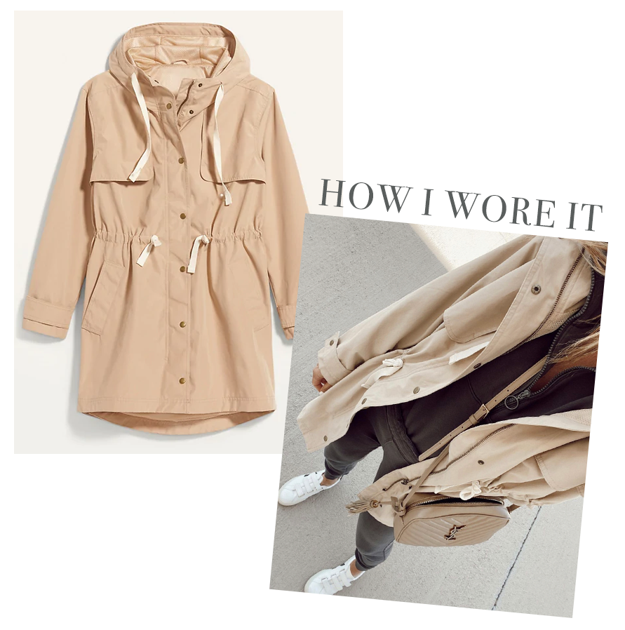 old navy hooded khaki trench coat outfit