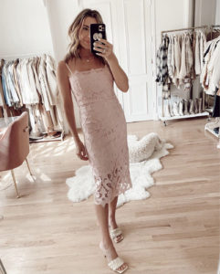 bardot blush pink lace midi dress for easter and spring wedding guest dress